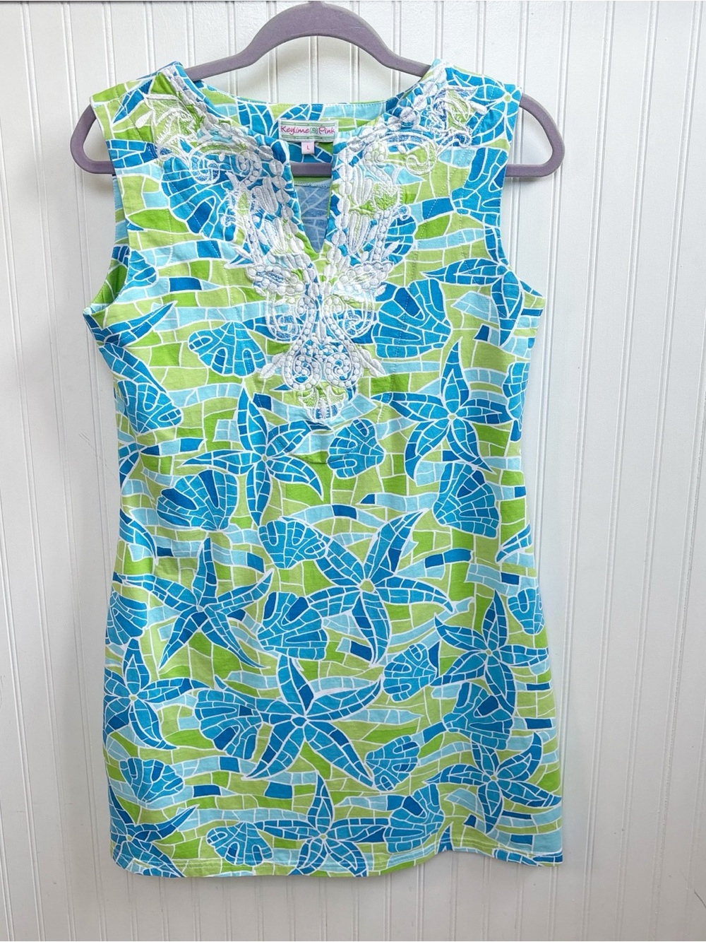 Key Lime & Pink Tropical Mosaic Embroidered Shift Dress Blue & Green Size Large